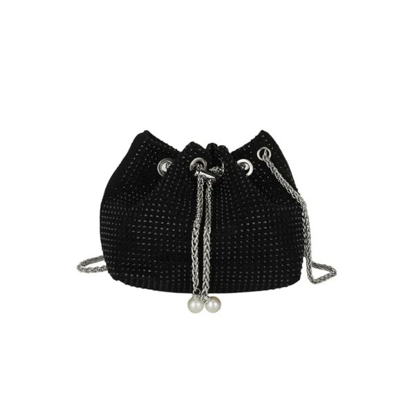 2/$30 Black Sequin Leather Bucket Bag Pearl Chain Crossbody Shoulder Tassel - Picture 4 of 6